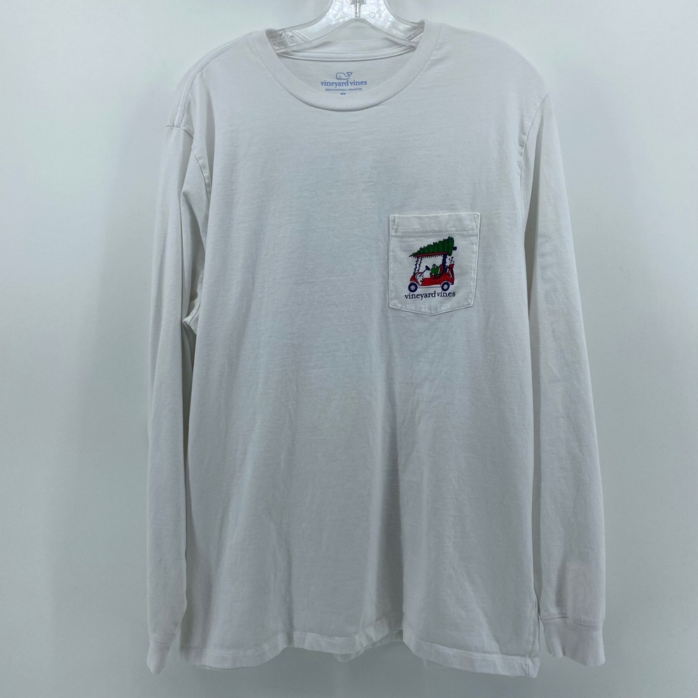 Vineyard Vines Mens XL White Long Sleeve Christmas Golf Cart Pocket T-Shirt
